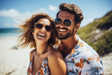 Obraz premium Couple Embracing the Tropical Paradise of a Beach Vacation Generative AI