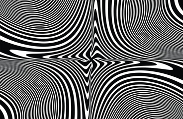 Line art optical art. Psychedelic background. Monochrome background. Optical illusion style. Black dark background. Modern pattern. Abstract graphic texture. Graphic ornament