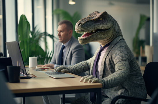 Creative teamwork in action: Dinosaur-themed humor livens up a business meeting.