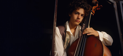 Latino Hispanic androgynous person , sitting in a chair playing a cello rerto vintage style.
