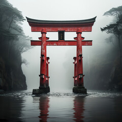 Mystical Passage: Red Torii Gate in a Foggy Forest
