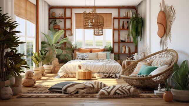 Fototapeta natural tropical resort bedroom interior cosy comfort nature material and surface finishing decorate with creative design bedroom with view of garden window view