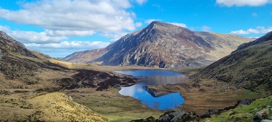 Hiking in Eryri National Park, Snowdonia, Wales, Glyderau and Snowdon sunny day