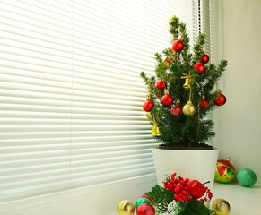 Traditional decorations for the New Year holiday. Mini Christmas tree in a pot decorated red and gold balls. Small living coniferous tree on the windowsill in a background of louvers.	
