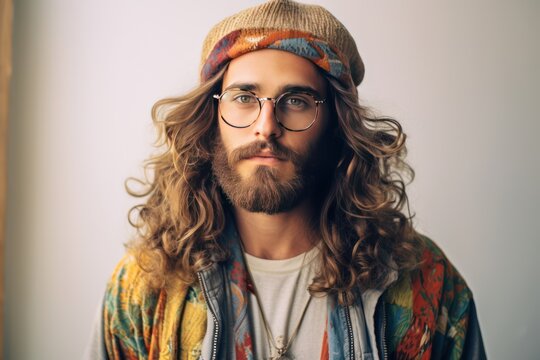 portrait of a hipster man with beard and lush hair wearing glasses