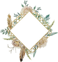 Rhombus botanical vector lacy golden frame with roses, watercolor vector illustration. Geometrical lacy golden thin border. Floral invitation, greeting card, postcard, wedding. Gold line with foliage.
