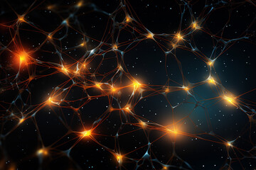 Fototapeta na wymiar Network of neurons with bright orange connections on dark background