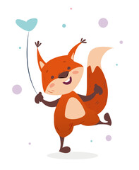 Cute baby animal. Adorable squirrel with blue heart shape balloon. Greeting and invitation postcard design. Birthday party. Cartoon flat vector illustration isolated on white background