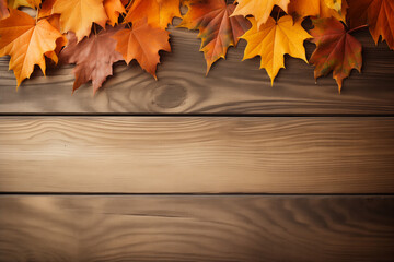 Naklejka na ściany i meble Fall Leaves on Wooden Surface Background