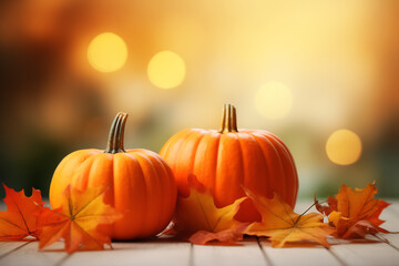 Naklejka na ściany i meble Fall Background with Orange Pumpkins and Fall Leaves