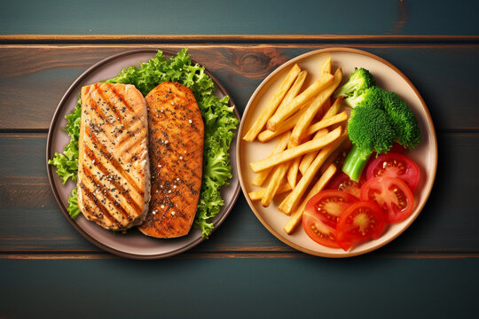 A Split-frame Image Featuring A Plate Of Grilled Salmon With Quinoa And Roasted Vegetables Compared To A Deep-fried Fish Sandwich With Fries,