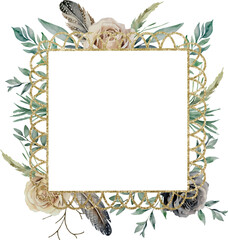 Square botanical vector lacy golden frame with dark roses, watercolor vector illustration. Geometrical dark golden thin border. Floral invitation, greeting card, postcard watercolour design element. 