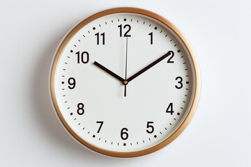 Wall clock with wooden edge and black pointers on white background at ten ten