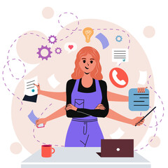 Fototapeta premium The girl does many things. Multitasking. Importance. Flat style. Character. Businesswoman. Isolated. Notes, negotiations, conducting business. Icon for internet. Trendy person. White background. 