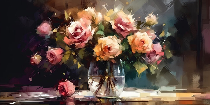 Bouquet of roses in a glass vase on a wooden table, still life, watercolor painting
