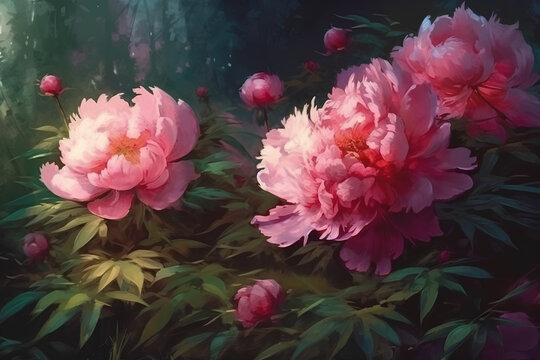 Flowering pink peonies in the garden, watercolor painting.