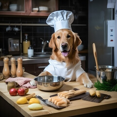 Adorable Golden Retriever dog dressed as a chef, ready to cook dinner in the kitchen. A delightful and humorous moment capturing the essence of pets in a culinary setting