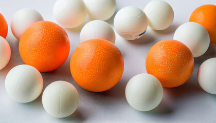 orange ping pong balls surrounded with white balls one white background - Powered by Adobe