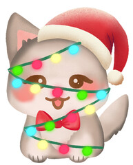 Christmas husky dog with santa hat and lights string