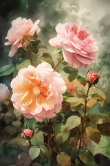 Beautiful flowering pink roses in the summer garden, watercolor painting.