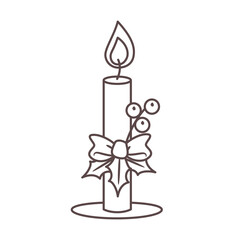 Outline vector illustration of festive candle with tied bow and holly berry. Isolated element of Christmas and Happy New Year events