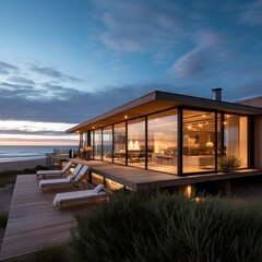 Elegant and modern eco-lodge with floor-to-ceiling glass walls offering panoramic views of the ocean and sandy shores