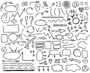Set of hand drawn doodle felt-tip pen symbols for diagrams - arrows, frames, underlines, emphasis, bubbles, marks, statistics for presentation. Freehand sketchy data visualization, infographic element - obrazy, fototapety, plakaty