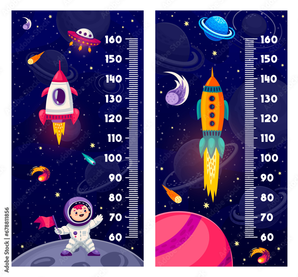 Aufkleber kids height chart measure ruler with spaceships and galaxy planets on starry space landscape. vector