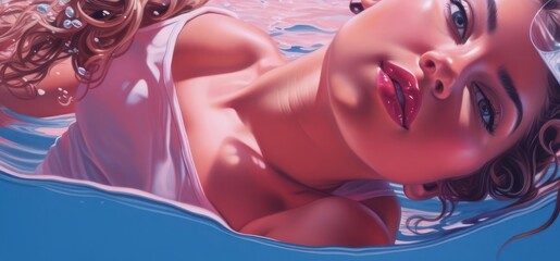 Painting of a Caucasian Woman Enjoying a Pink Pool Vacation Generative AI