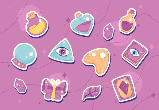 Mystical and Magical Witchcraft Sticker Icon Set