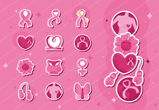 Pink Breast Cancer Awareness Icons Support Feminine Stickers. Charity Health Icons Set
