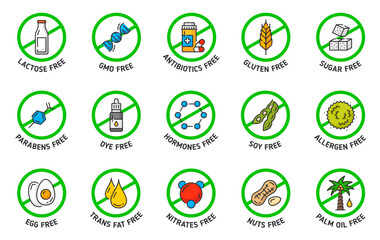 Sugar, gluten, GMO, lactose free icons and signs. Organic product, certified quality food vector pictogram. Soy, allergen, parabens and trans fats, nitrates, palm oil, DYE and hormones contain label