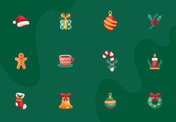 Green Flat Christmas Icon Set