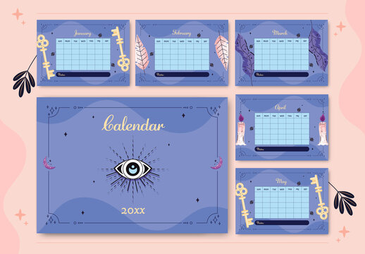 Purple and Beige Mystical Calendar Set Boho Aesthetic Design