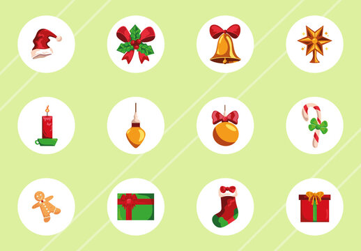 Green and Red Christmas Holiday Sticker Icon Set