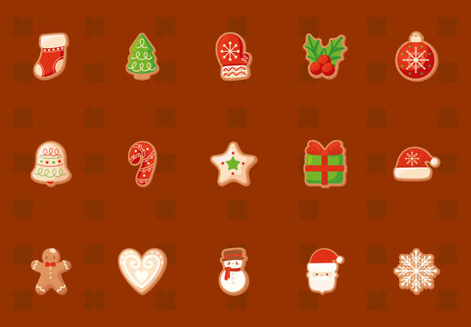 Brown Christmas Gingerbread Cookies Icon Set
