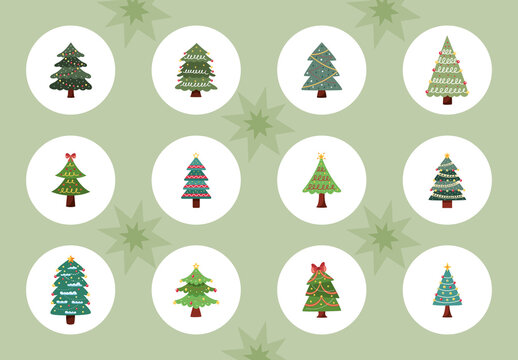 Green Flat Christmas Trees Decorative Collection Minimalist Holiday Illustration Set