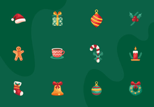 Green And Red Classic Flat Christmas Icons Set