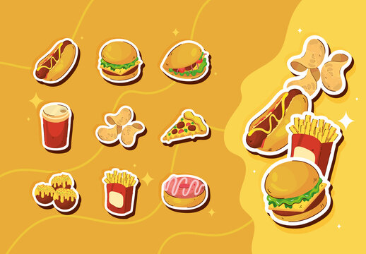 Red And Yellow Fast Food Burger Hotdog Pizza Stickers Set