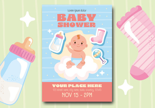 Blue and Pastel Cute Baby Shower Invitation Template