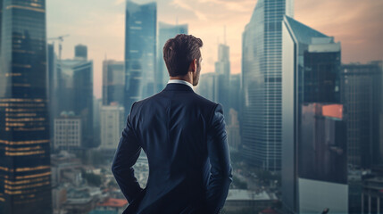 Fototapeta na wymiar male businessman in a business suit against the background of skyscraper office buildings. ai generative
