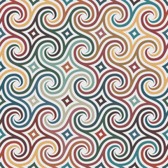 Seamless repeating pattern with multicolored swirls on a white background. Retro style design. Vintage colors. Geometric striped ornament. Vector illustration.