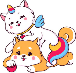 Cartoon cute caticorn cat and shiba inu puppy characters, vector cat unicorn with rainbow tail. Caticorn kitten with wings and funny dog playing with ball with friendship and fun, kids characters