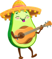 Cartoon Mexican cheerful avocado mariachi character with guitar. Tropical fruit avocado, vegan healthy food adorable vector personage or mexican mariachi musician mascot playing guitar in sombrero