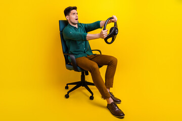 Photo of afraid scared worried man in stylish clothes sitting armchair riding fast looking empty...