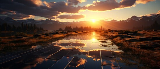 solar energy panels in the mountains at sunset