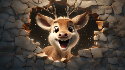cute Rudolph the reindeer from a hole in the wall. ai generative - obrazy, fototapety, plakaty