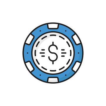 Betting token, casino chips for poker or roulette isolated color line icon. Vector poker chip with dollar sign, gamble games playing cash in casino