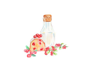 Watercolor cranberry cake illustration. Cowberries loaf cake and milk. Food illustration for greeting, bakery , cooking book. Homebaked icing bundt cake decorated with powdered sugar and fresh berries