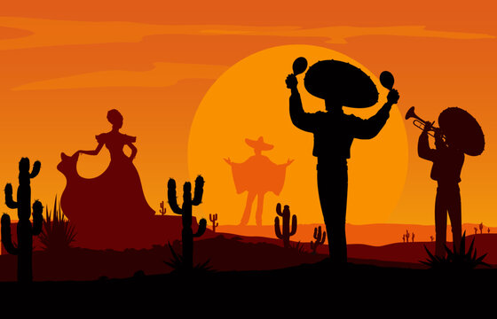 Mexican mariachi musicians and dancing woman silhouettes at desert sunset landscape. Wild West nature vector background with cactuses, orange sky and setting sky, charro cowboys with sombrero, maracas